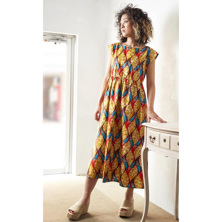 フレンチスリーブワンピース 唐草 カーキ レッド ブルー 日本縫製 アフリカンプリント アフリカンファブリック アフリカンバティック パーニュ キテンゲ アフリカ布 ガーナ布 エスニック ハイウエスト エスニック レディース 女性 Cherry Et Cacao