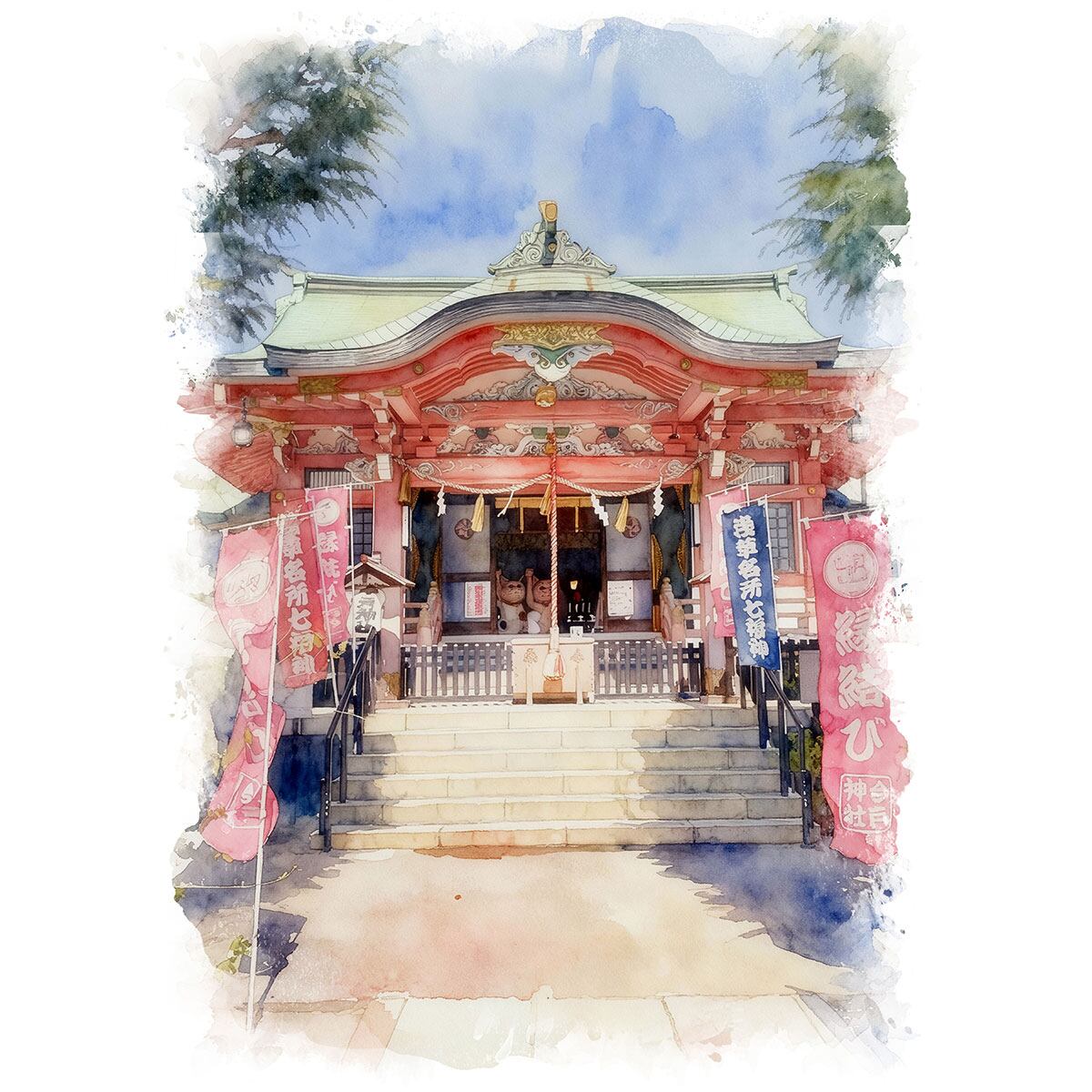 絵画 風景画(街並み) 日本 東京都 台東区今戸神社 インテリアアート額付き 水彩画・油絵風 WAT1594