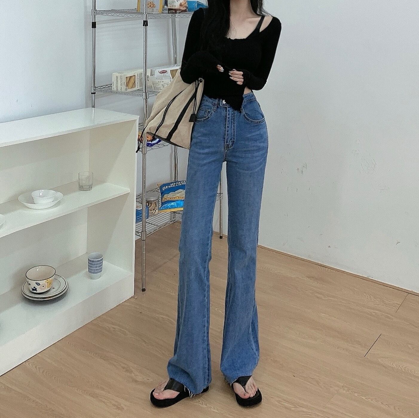 オータムハイウェストウェストスリムジーンズ パンツ レディースルーズワイドレッグ 秋物 ワイドパンツ ドラファッションホール60683909960