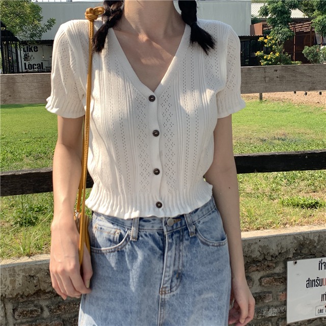 トップス レディース ジャケット 半袖 2色 Vネック ウッドボタン 配色 メロウ カーディガン バイカラー ニットカーディガン キュートカーディガン ウェーブデザイン 大人可愛い きれいめ シンプル カジュアル 大人 上品 M L XL 2XL ホワイト ブラック 夏 20代 30代 オフィス ビジネス OL 通勤 普段使い 韓国 ファッション 薄手 送料無料