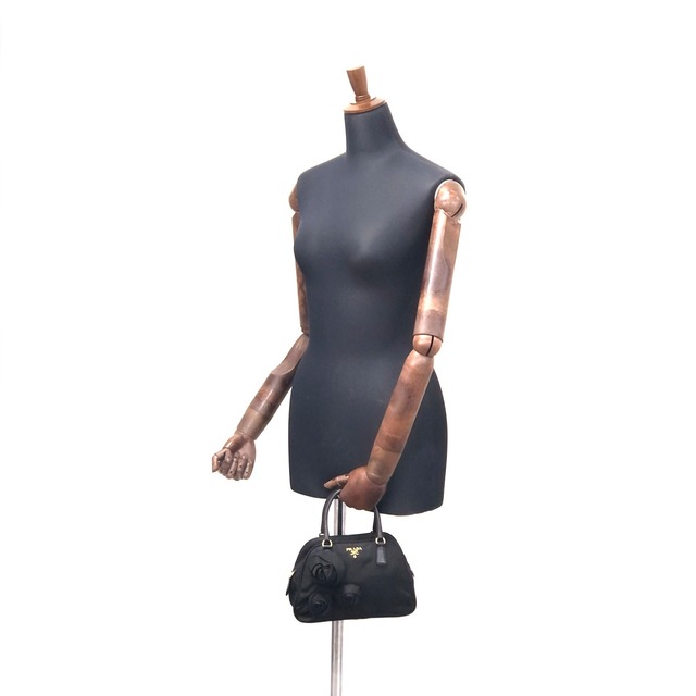 PRADA プラダ　トライアングルロゴ　コサージュ　レザー×ナイロン　ミニボストンバッグ　ハンドバッグ　ブラック　vintage　ヴィンテージ　オールド　n25wff