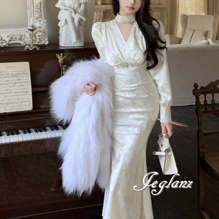 ビジュー付き パーティ ワンピース ドレス マーメイド 大人シック (M8348)ζ