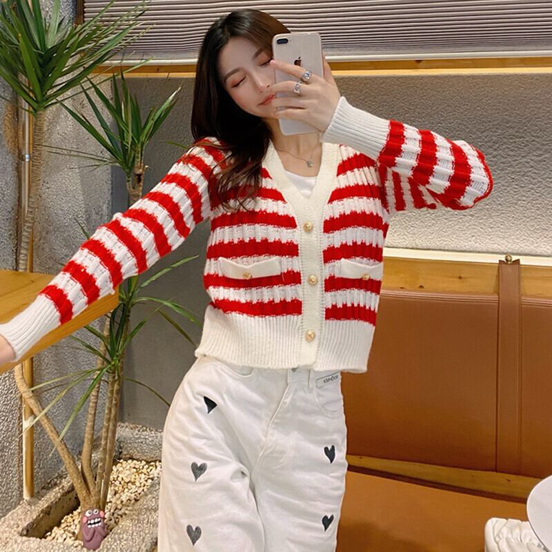 Vネックスタンダードストライプセーター オータムスリムカーディガンコート ショートトップス ロング レトロ 秋物 ガールズファッション59170680110