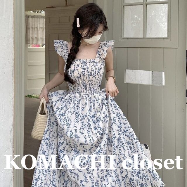 【送料無料】 ワンピース マキシワンピース キャミソール 花柄 Aライン 背中開き 韓国 レディース オルチャン かわいい 可愛い ロング フラワー スクエアネック マキシ丈 青 白 ブルー ホワイト 大人可愛い ミモレ丈 大人女子 透け感 シンプル きれいめ カジュアル 大人 おしゃれ フリル お洒落 セクシー こなれ感 小花柄 ハイウエスト 大人女子 フェミニン L XL 2XL 春 夏 10代 20代 30代 リゾート 海 女子会 デート 旅行 コーデ 谷間が見える トレンド 美脚 脚長