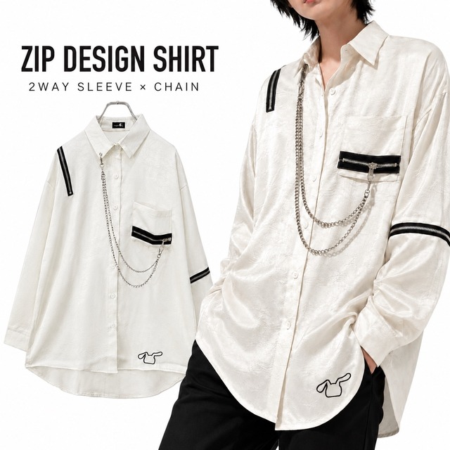 《SUNDAY新作MEGA PRESENT60%OFF》NieR刺繍WRINKLE ZIP DESIGN CREAM WHITE SHIRT【2WAY SLEEVE×CHAIN】