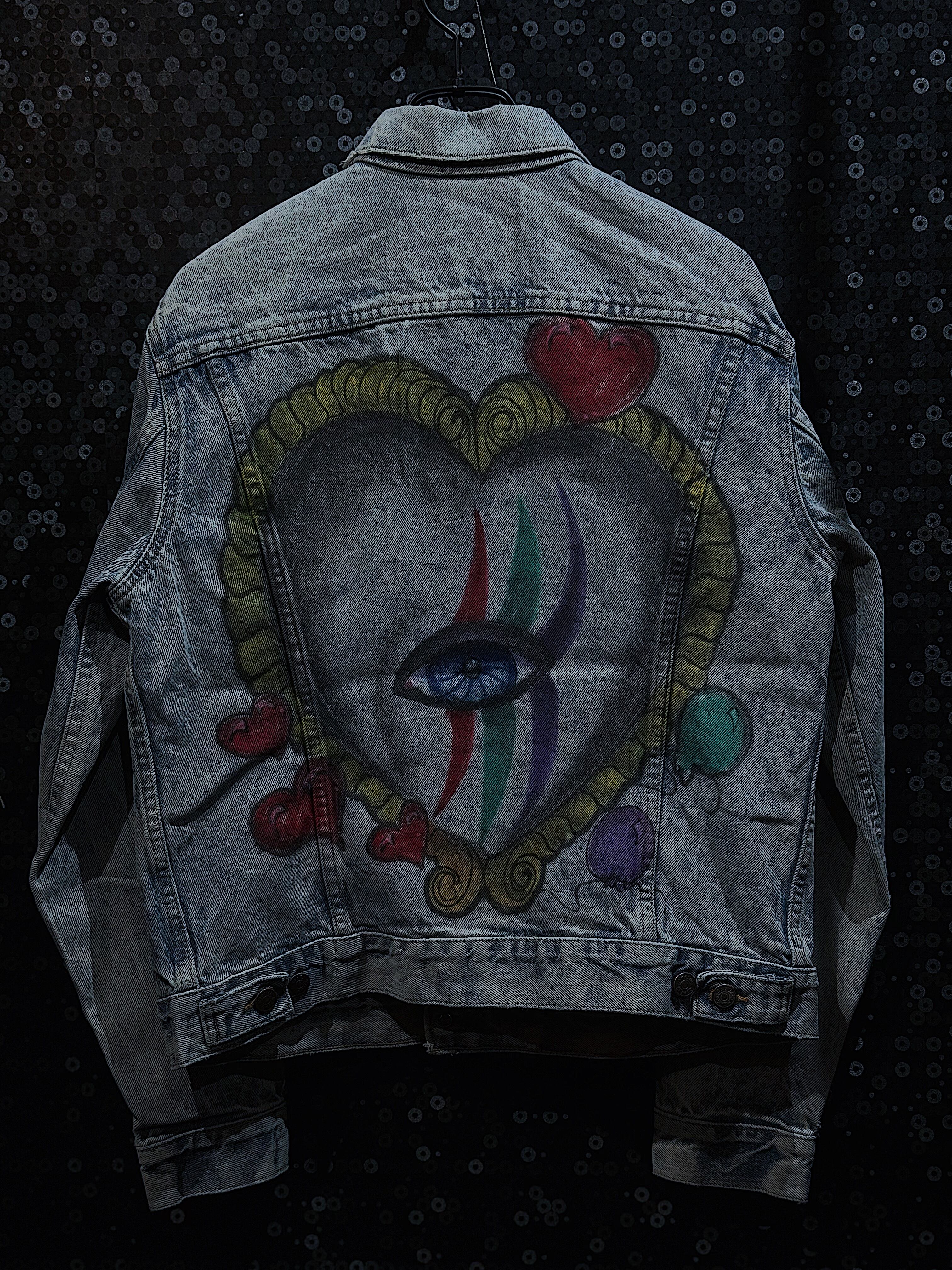 "vintage custom made" flower eye paint denim jacket