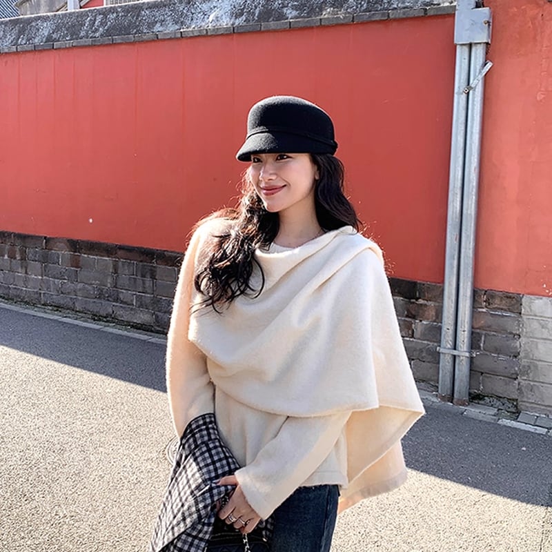 【tops】フェイクレイヤードニットトップス Q7395