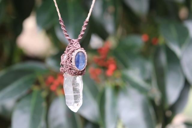 Lemurian Seed Crystal & Kyanite micro macrame pendant