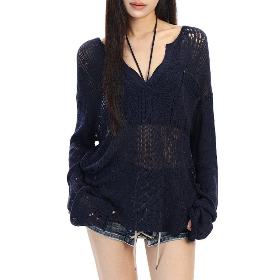 sheer v neck tops / l0811