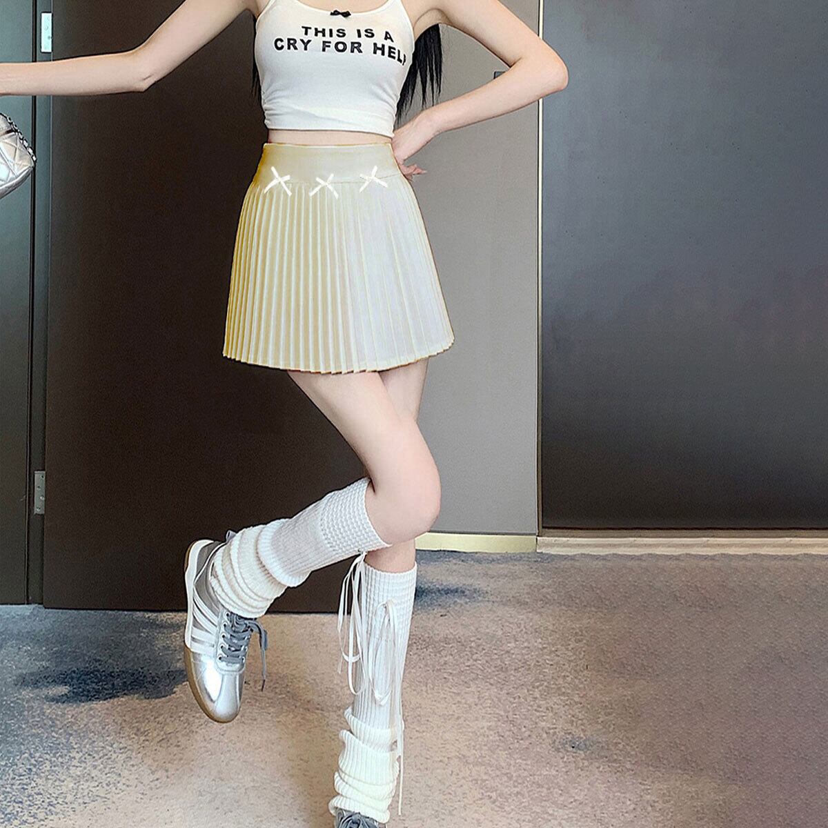 リボン付き プリーツ ミニスカート レディース 春夏秋 韓国 きれいめ