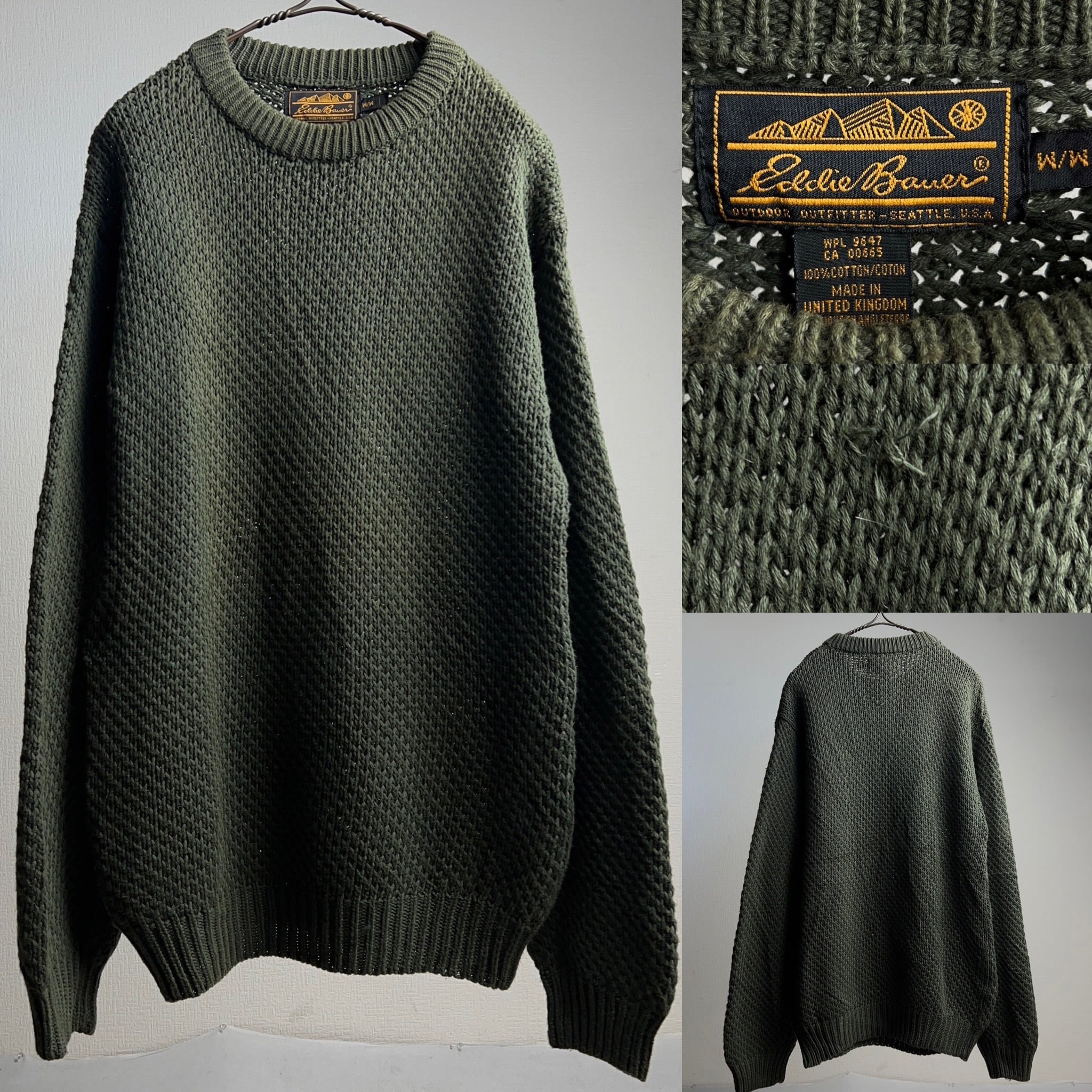 90s UK製 エディーバウアー 黒タグ ヴィンテージコットンニット カーキmarket_knit