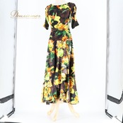 社交ダンス 衣装 チャコット Chacott トップス スカート ツーピース セットアップ 黒 花柄 黄色 レース 光沢感 日本製 ブラック系 イエロー系　社交ダンス衣装 女性用 2点セット Mサイズ フレアスカート おしゃれ きれいめ フォーマル イベント パーティー用 上品 ふんわり