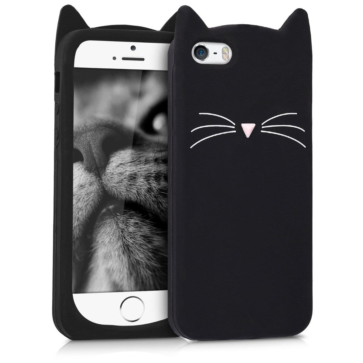 kwmobile Apple iPhone SE (1.Gen 2016) / iPhone 5 / iPhone 5S対応 ケース - スマホカバー - 携帯 シリコン 保護ケース ネコデザイン 黒色/白色 アイフォン対応