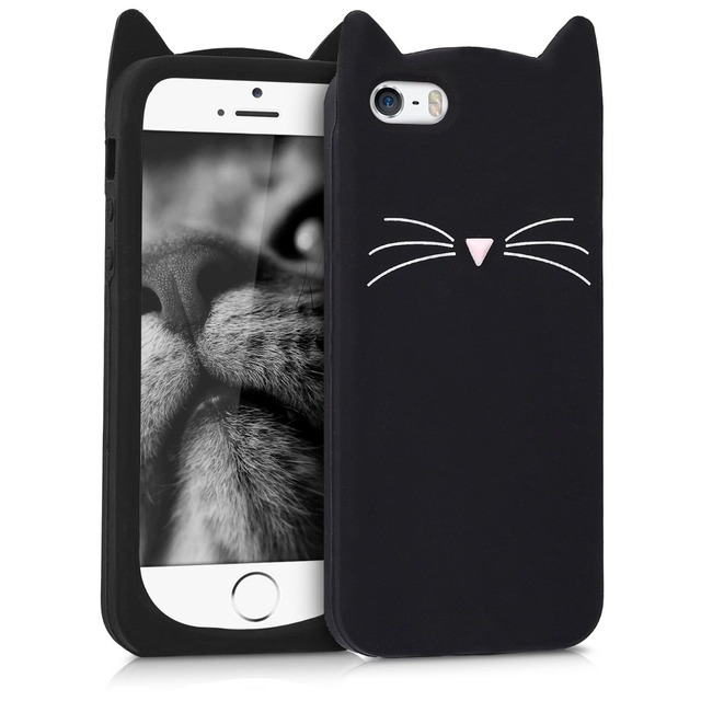 kwmobile Apple iPhone SE (1.Gen 2016) / iPhone 5 / iPhone 5S対応 ケース - スマホカバー - 携帯 シリコン 保護ケース ネコデザイン 黒色/白色 アイフォン対応