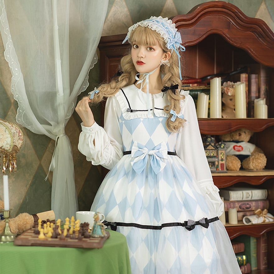 ロリータ通販 SEASONZ 甘ロリ Alice ワンピース ミドル丈 ブルー アーガイル柄 うさ耳 リボン 夢かわいい ロマンティック ゆめかわ  ロリィタ lolita おしゃれ増し ろりーた 服 | ロリータ通販 SEASONZ powered by BASE