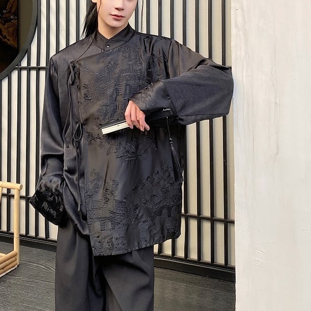 チャイナボタン刺繍スタンドカラーシャツ 1color MTO0385