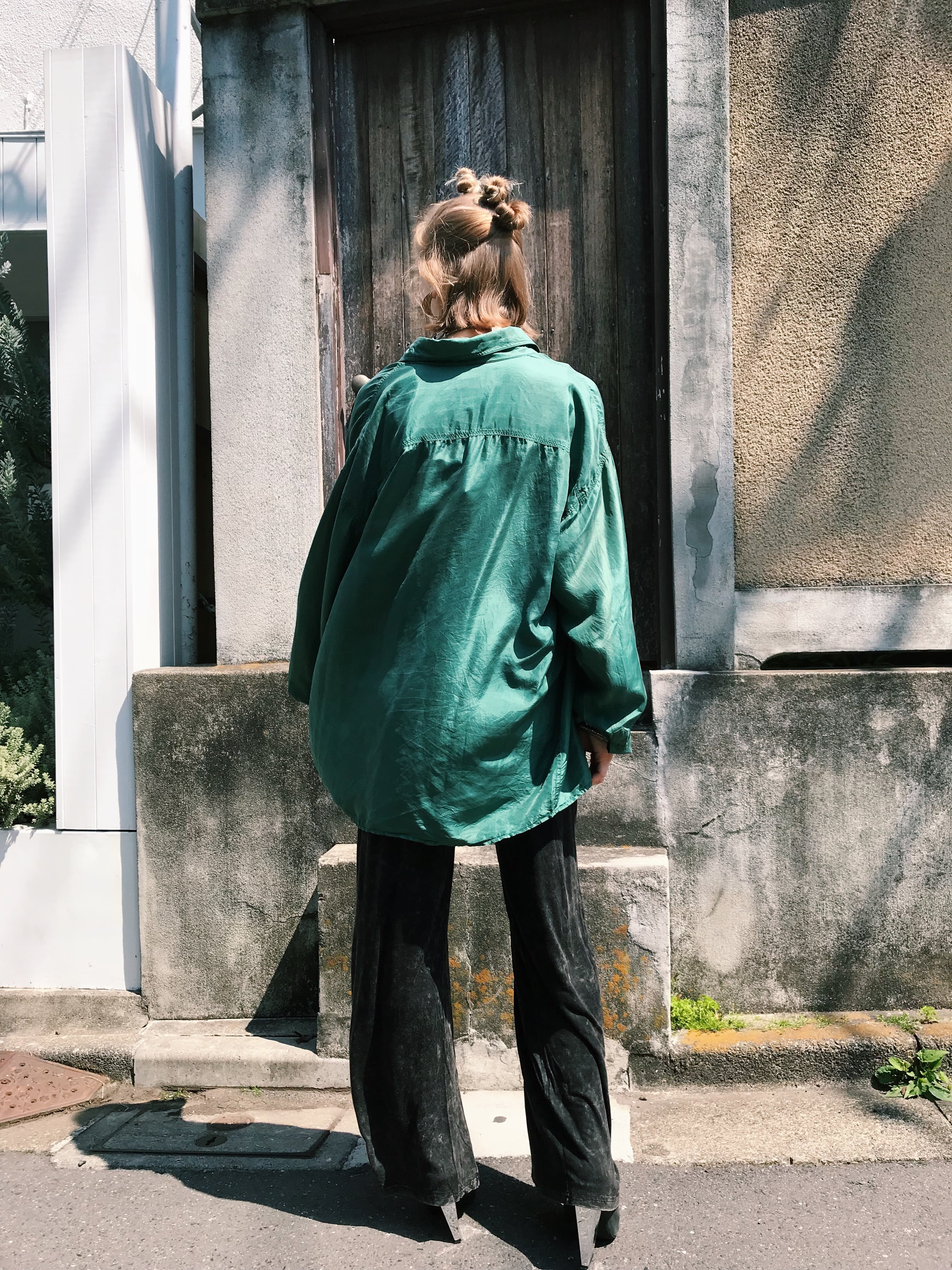 80s green big silk shirt ( ヴィンテージ グリーン ビッグ シルク