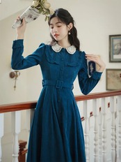 【0191】Blue Corduroy Belt Long Sleeve Dress