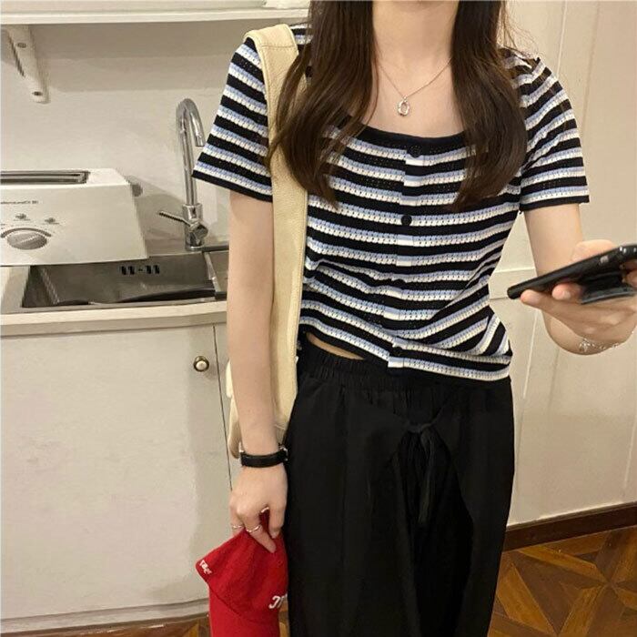 ストライプスリムショートTシャツ サマーニットクロップトップ トップス 夏物 スクウェア モンロー26686285856