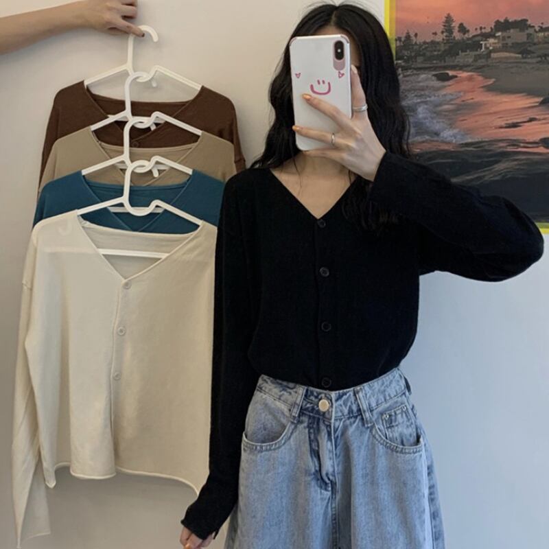 サマースタンダードルーズショートVネックカーディガン薄手ブラックセーター ブラウス ロング レトロ 夏物 YY-ファッション3528930343