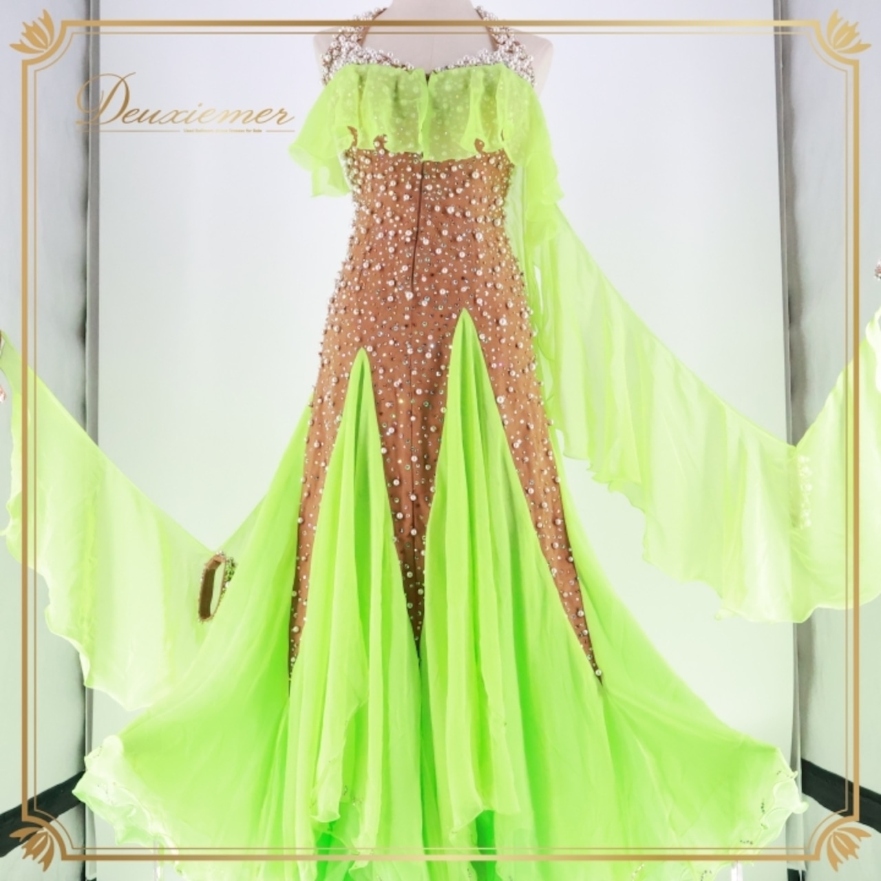 社交ダンス 衣装 チャコット Chacott スタンダード ドレス ワンピース スタンダードドレス フロート レース デモ 競技 ダンス パーティ 発表会 ブラウン系 グリーン系 輝く パール ノースリーブ 女性用 日本製 明るい色 おしゃれ スタイリッシュ 競技用衣装 フェミニン ドレッシー フレア