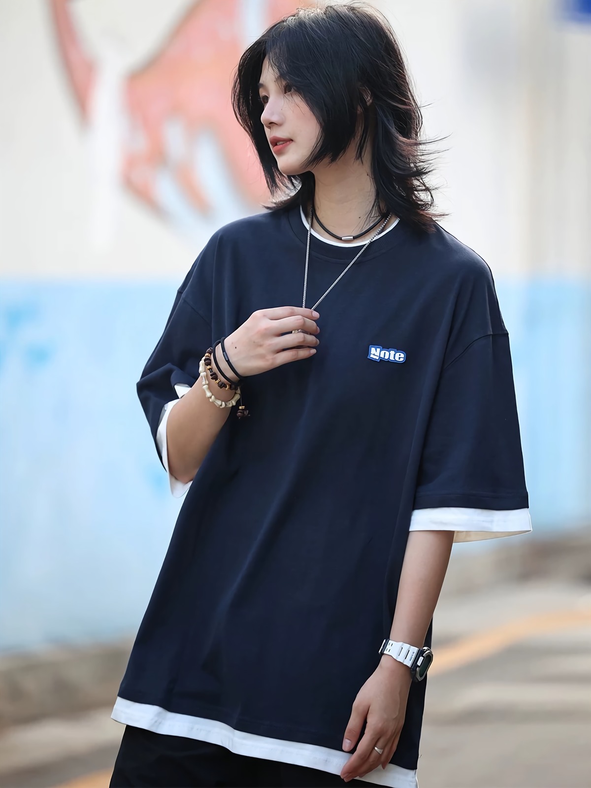 フェイクレイヤード指穴ロングニットTシャツ