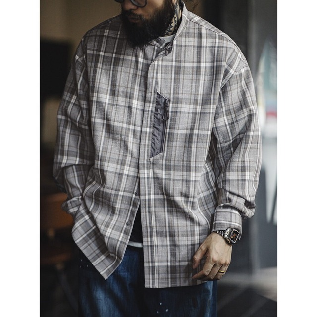 Checked Band-Collar Collared Shirt【G1139】