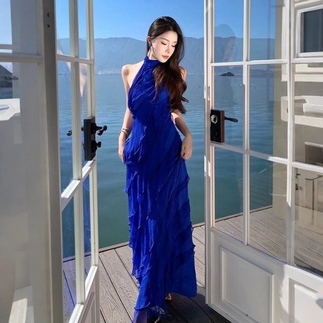 【SummerVacationシリーズ】ワンピース ペプラム バックレス ブルー S M L