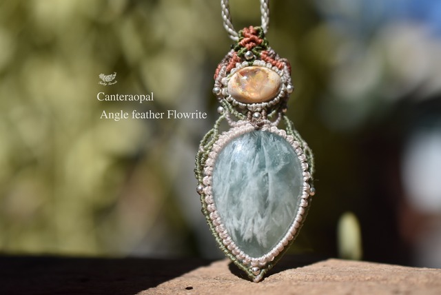 柿色の湖★カンテラオパール エンジェルフェザーフローライト  マクラメネックレス1022
