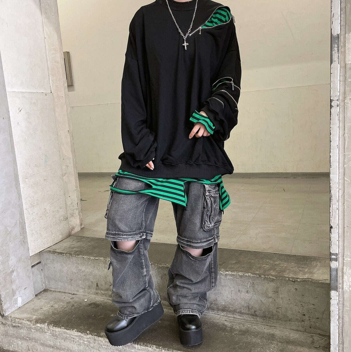 【 naptime. 】 2024FW ボーダーロンT グリーン ボーダー柄 ロングスリーブTシャツ FN-THBL-001 | THE FLAT HEAD