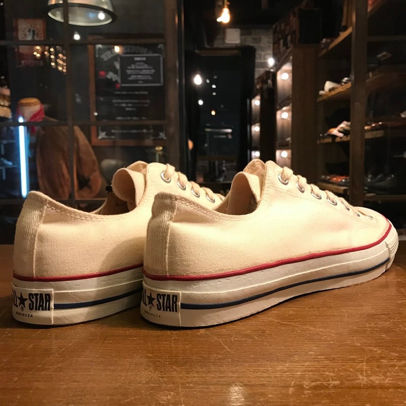 80's CONVERSE コンバース ALL STAR LOW オールスターロー デッドストック NOS 生成 オフホワイト 赤箱 青枠 USA製  US13.5 サイドステッチ 当て布 希少 ヴィンテージ USA製 | agito vintage powered by BASE