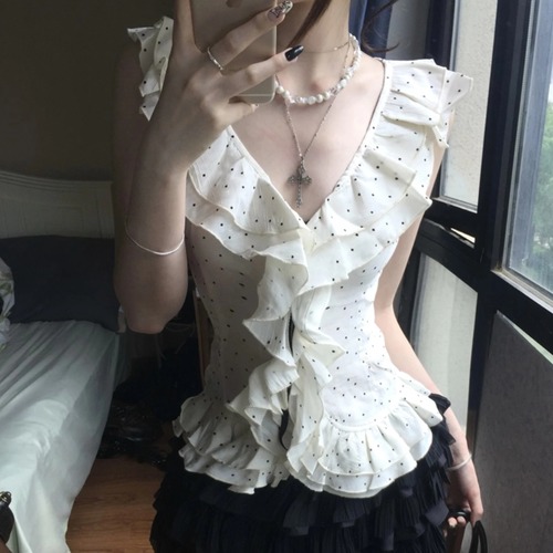 フリルドット柄ノースリーブトップス ・70588