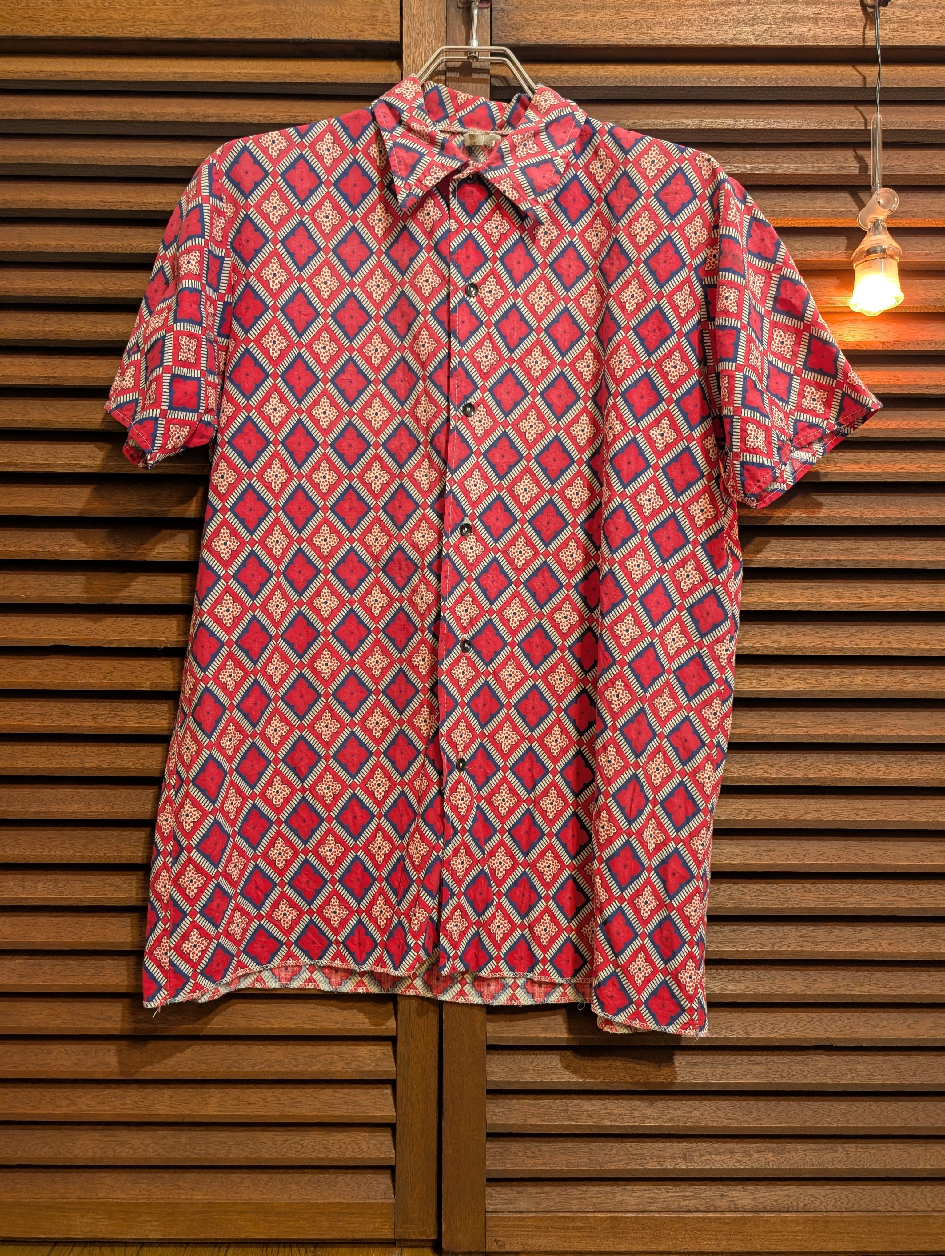 80s Euro Red Flower Geometric Pattern Shirts Short Sleeves