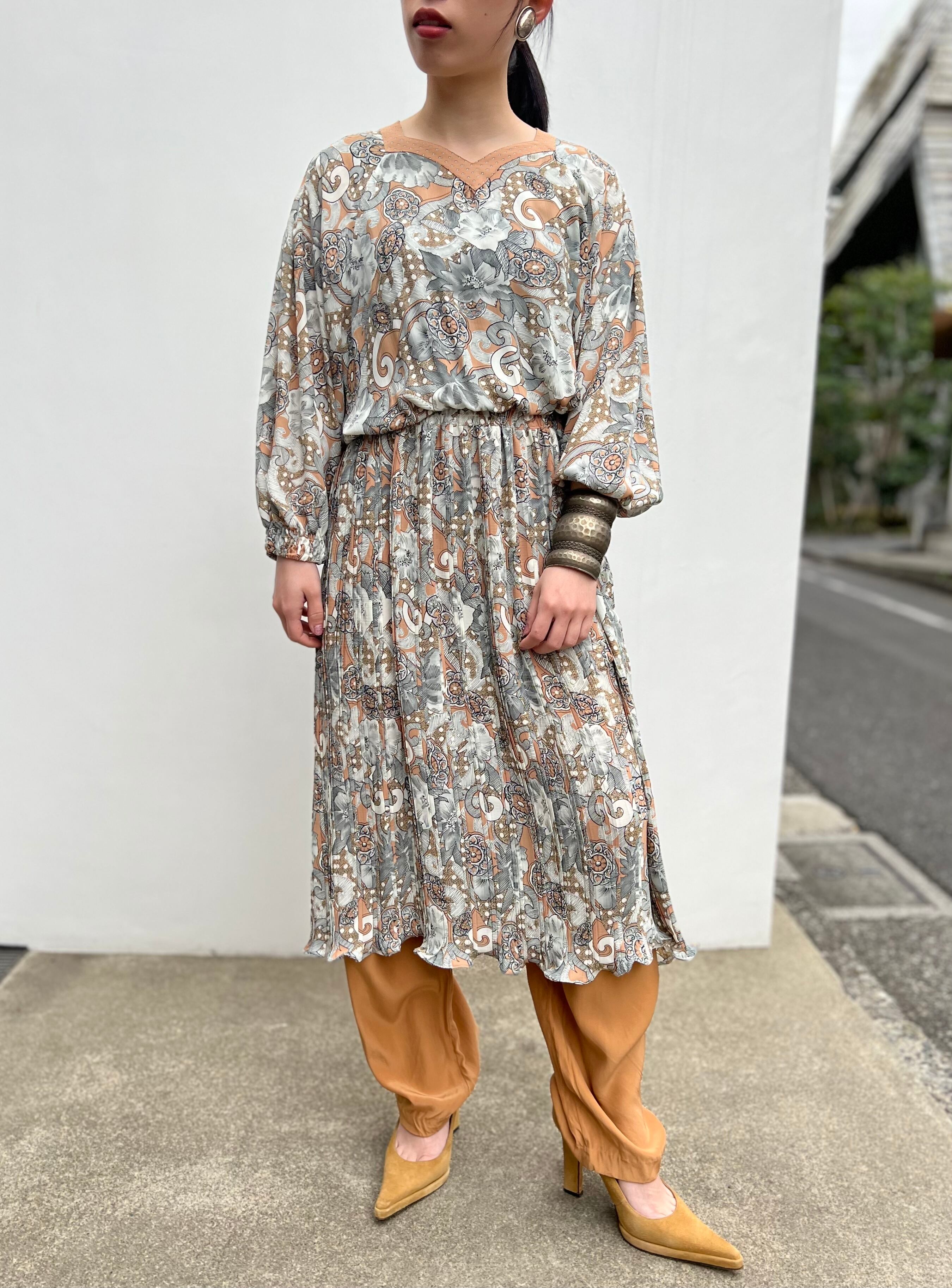 Diane freis gray × brown geometric dress ( ダイアン フレイス グレー × ブラウン   花柄 ワンピース ー