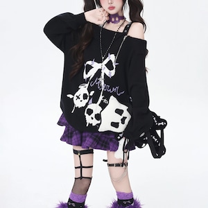 オフショルジッパースカルリボングラフィックプルオーバーニット(3カラーあり)(lli_6366)