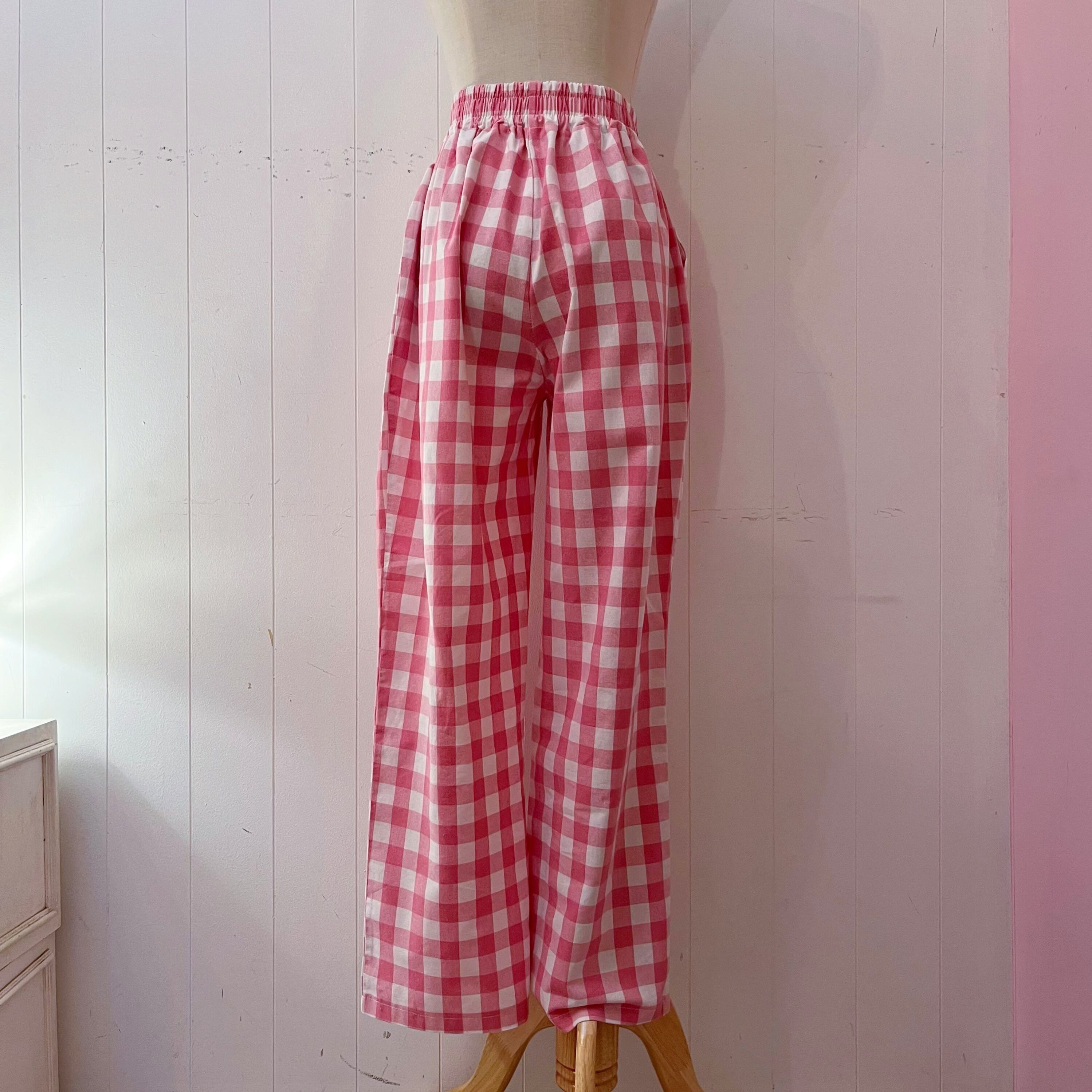 pink block check pants
