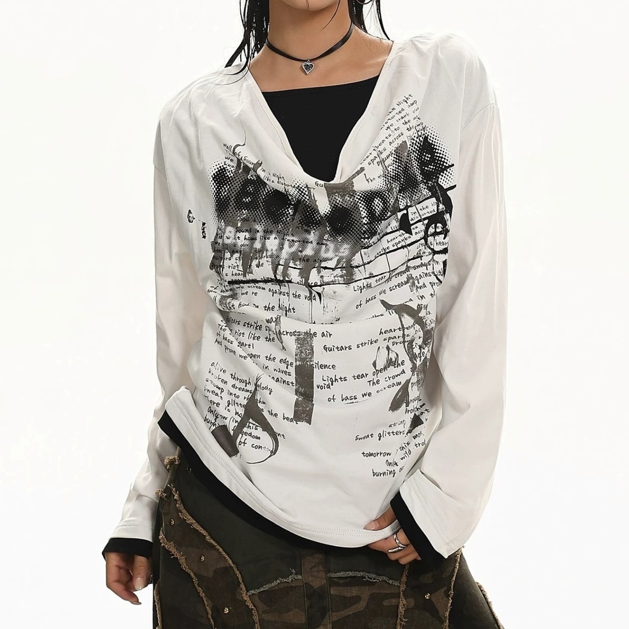 ノイズプリントフェイクレイヤードドレープTシャツ 2col R02550