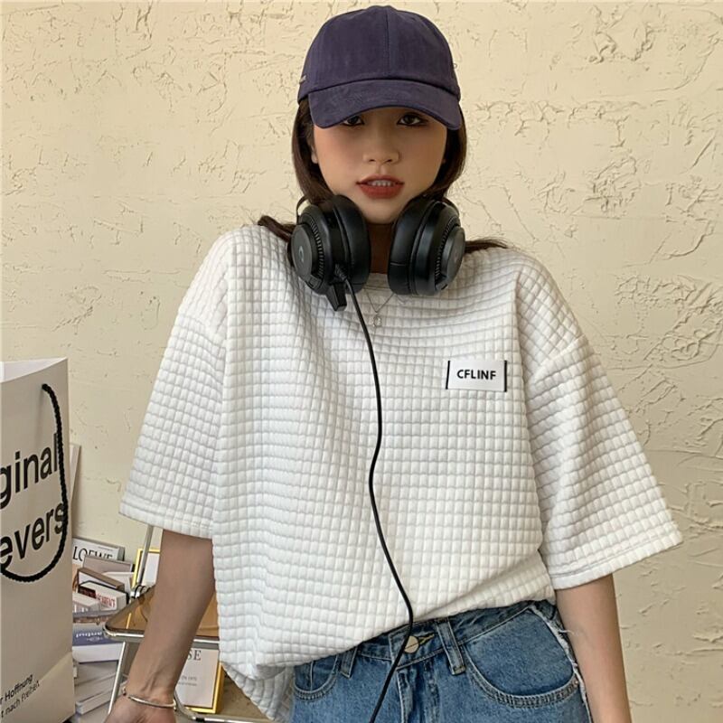 ホワイト格子柄ルーズTシャツ サマースタイルカジュアルトップス 夏物 YY-ファッション63528276713