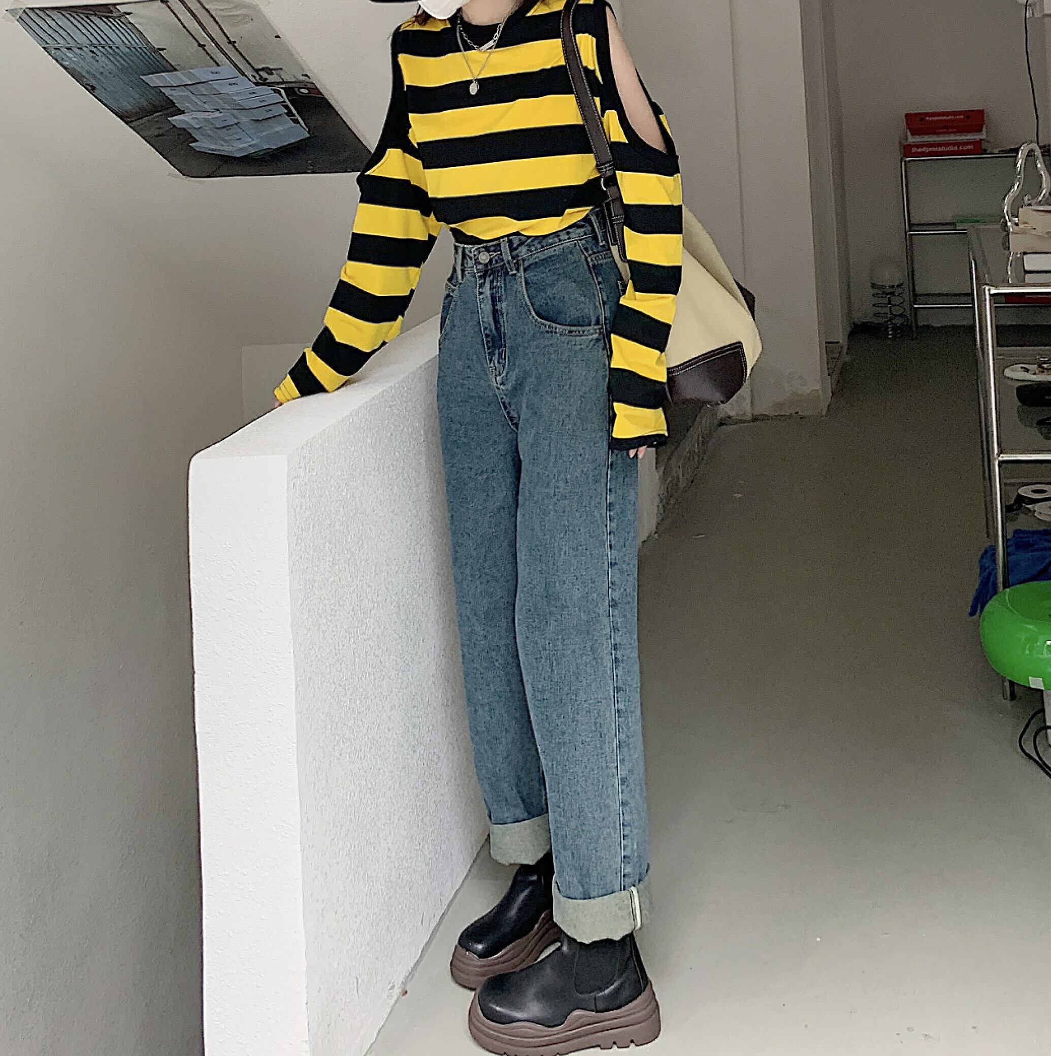 スタイルルーズハイウェストウェストジーンズ レディーススプリングオータムスタンダードロングパンツ レトロ 春物 秋物 モンロー71197977701