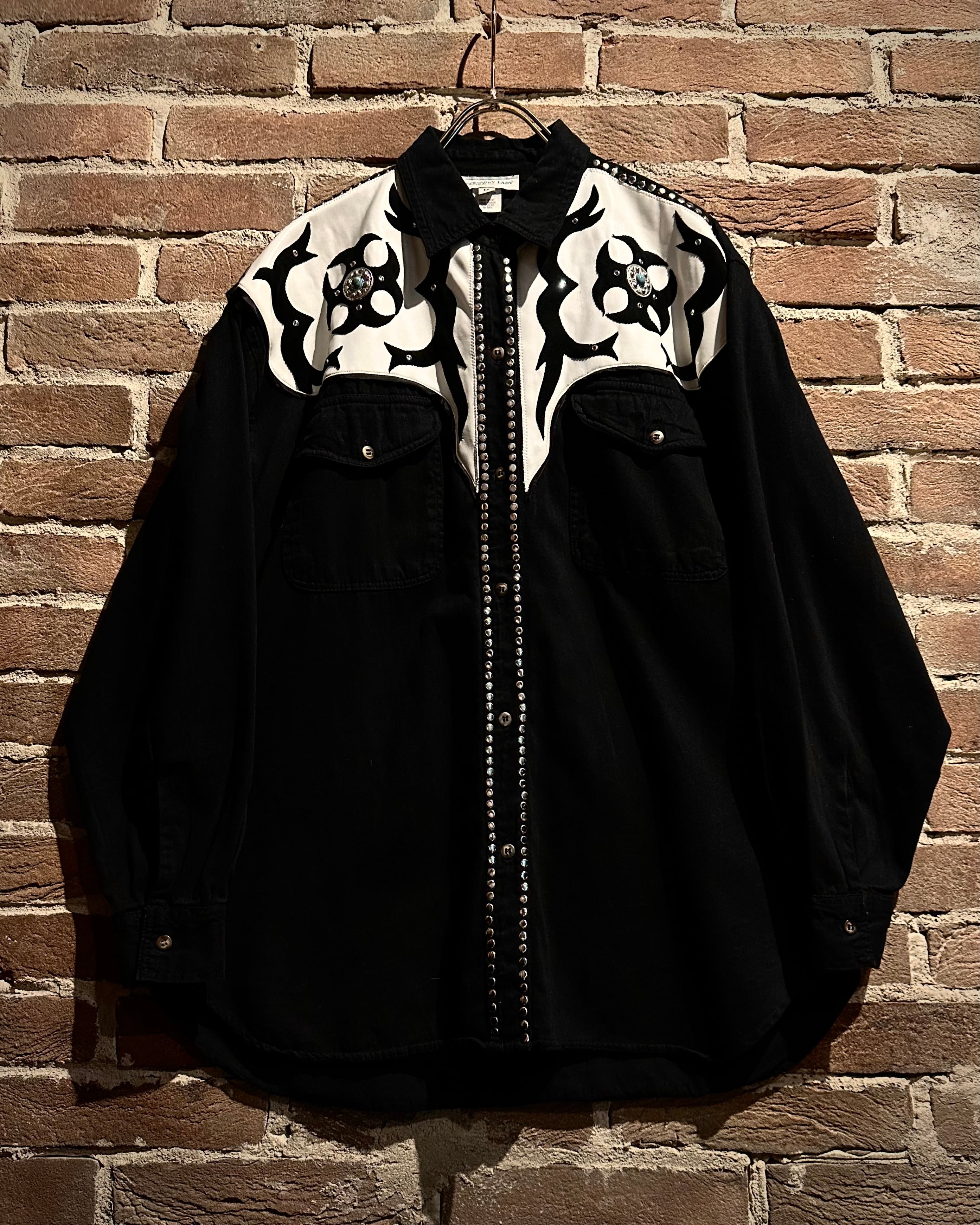 ブラックデザイン　カリン　格子ブラック Caka act3】Faux Leather Switching Vintage Western Shirt | Caka