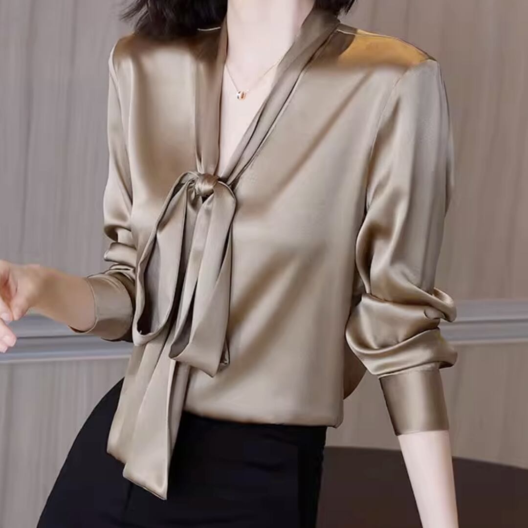 V-Neck Bow Tie Glossy Fabric Long Sleeve Simple Shirt(5color) V1411