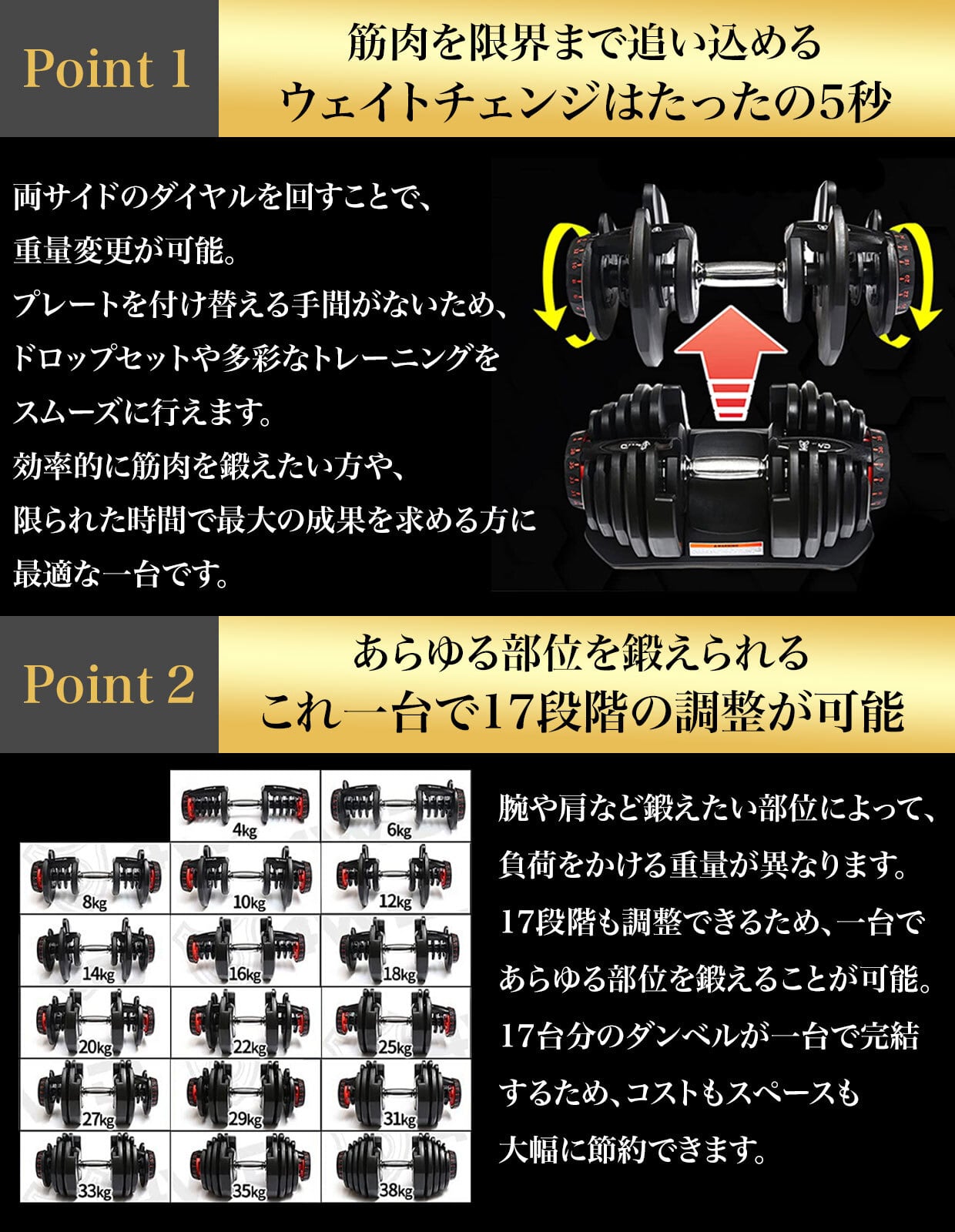 4WD 可変式ダンベル 38kg 1個 17段階調整 ダイヤル式 | 4WD SHOP