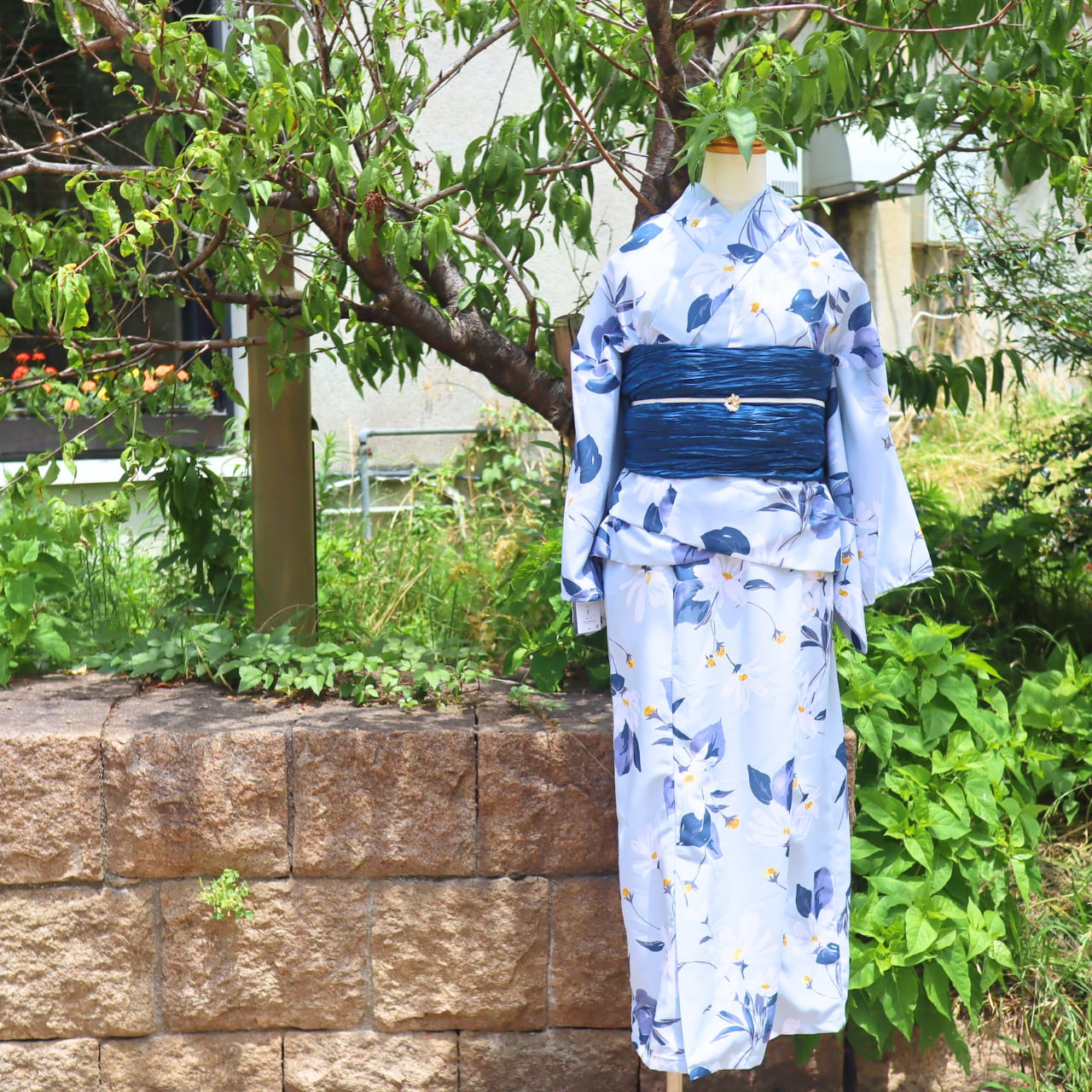 着付けいらず2wayワンピース浴衣 |リバティ くすみ系水色に黄色の花