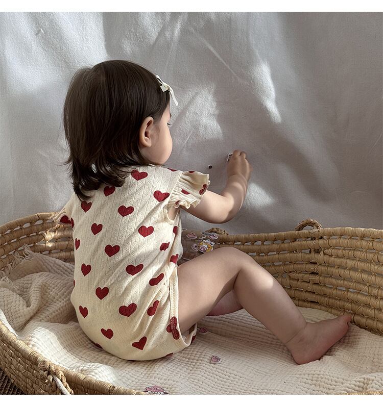 肩フリルリブ透かしコットンロンパース