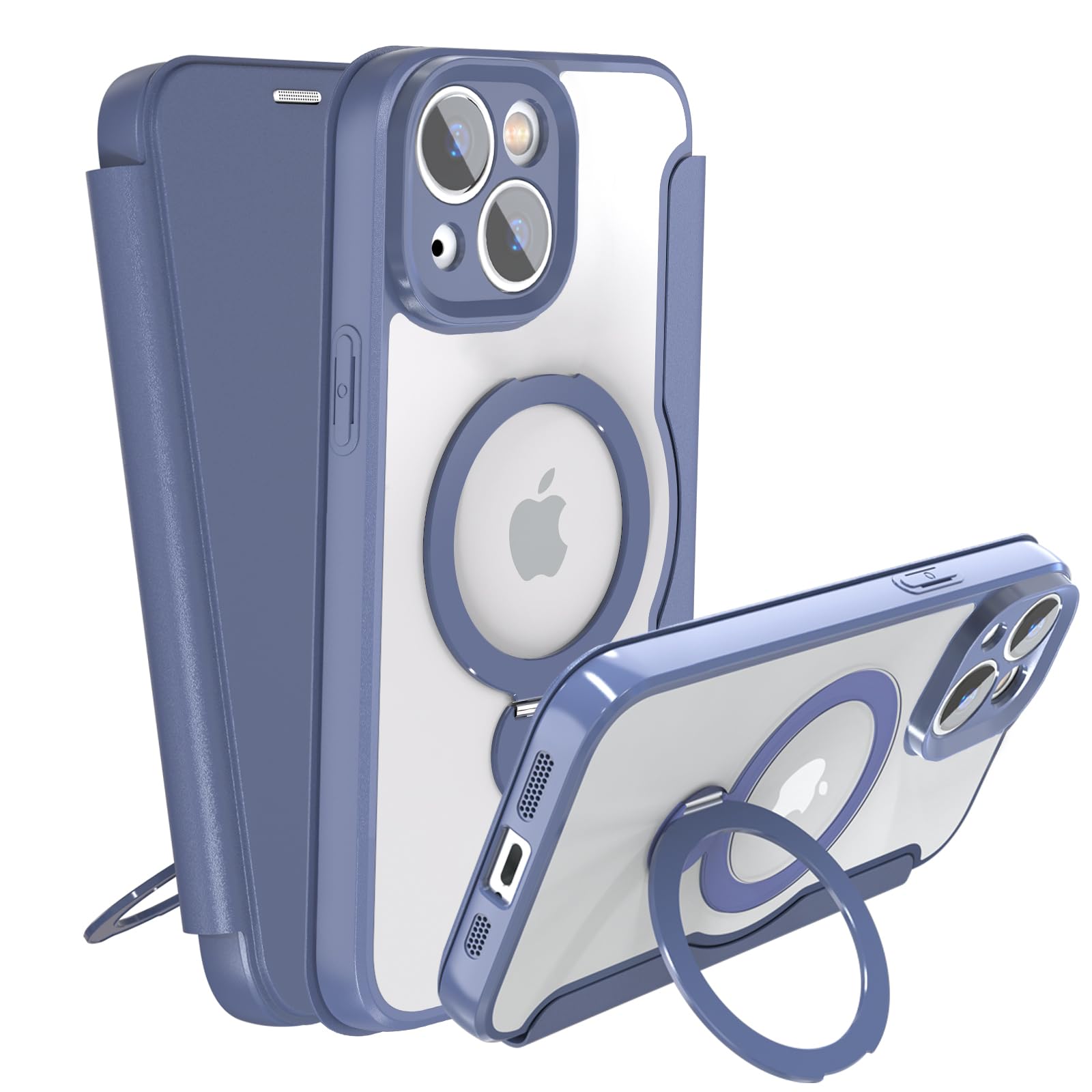 IIKAYO iPhone 14 用 ケース 手帳型 カード収納 背面クリア MagSafe対応 リング付き 360°回転スタンド軽い 薄型 耐衝撃 全面保護 縦横両対応 レザー素材 マグセーフ対応 おしゃれ 青