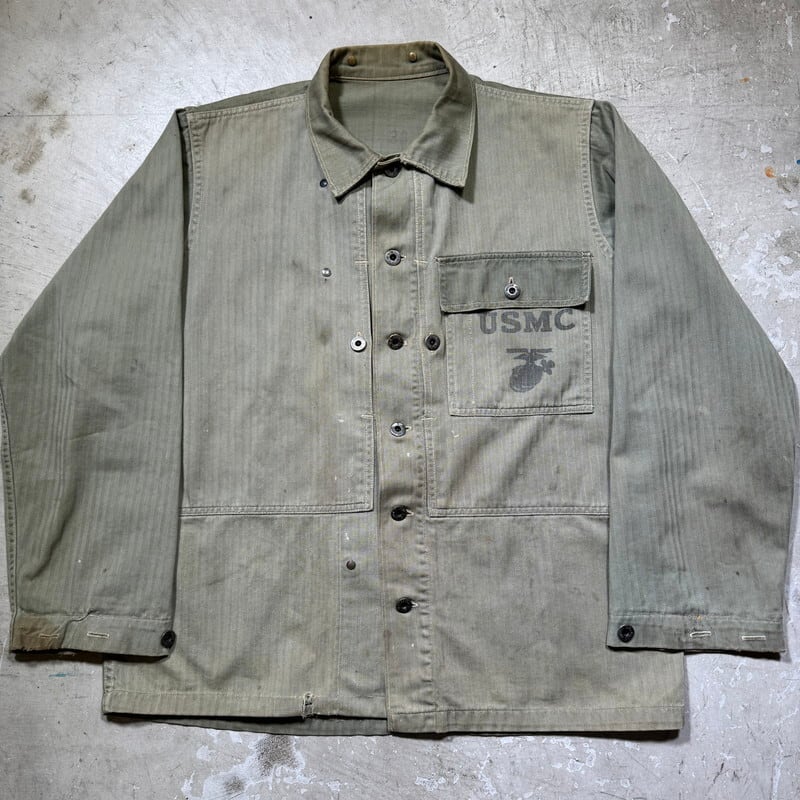 40's U.S.MARINE CORPS P-44 HBTユーティリティージャケット ヘリンボーンツイル 2トーン USMC WW II 大戦 ガスフラップ付き 36 希少 ヴィンテージ BA-2477 RM2896H