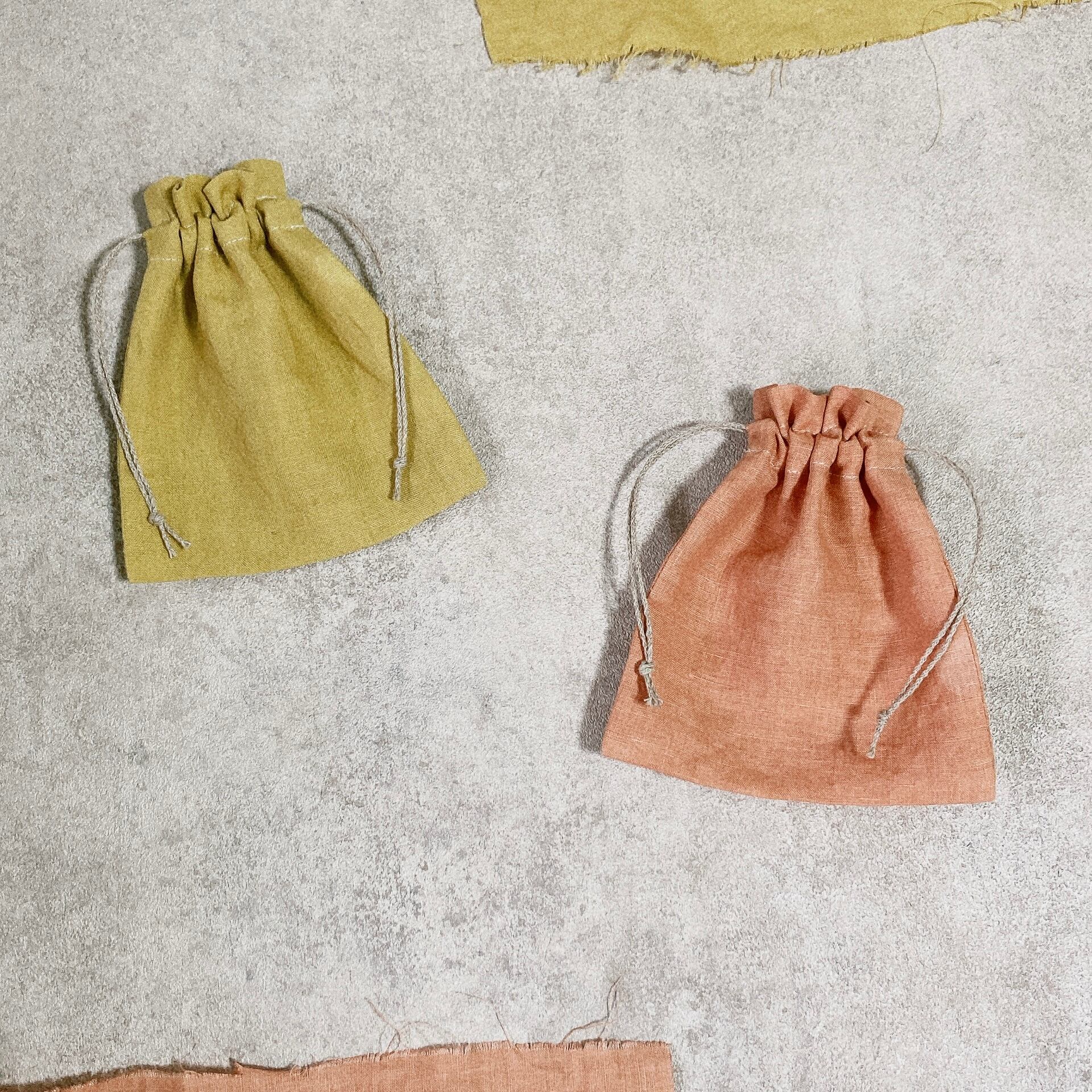 草木染め 巾着ポーチ mini size 麻 100% & リネン紐 color : ビワ・ハナモモ