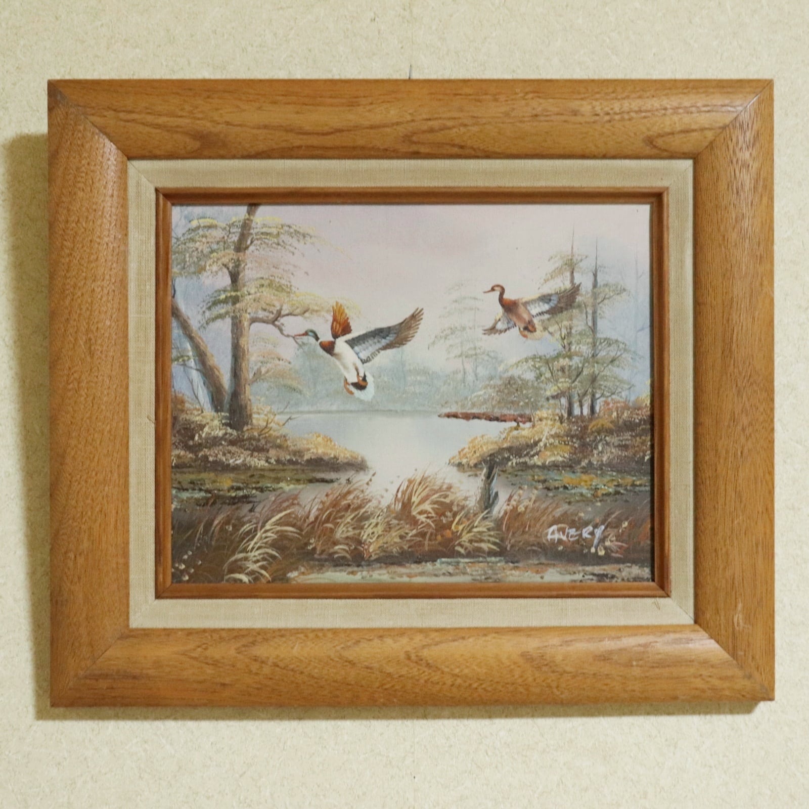 水辺の鴨 肉筆 油彩画 風景画 油絵 絵画 額縁入り 36cm×31cm