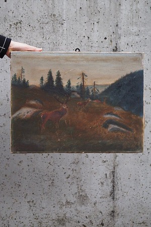 小高い斜面に鹿数頭-oil painting