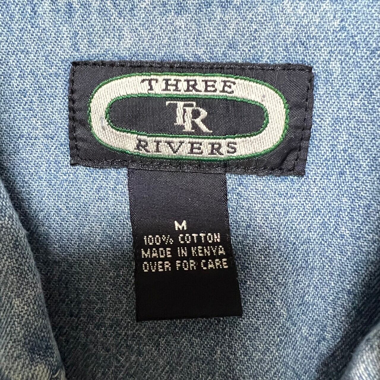 両面刺繍】THREE RIVERS 半袖デニムシャツ M コットン100% | 古着屋 